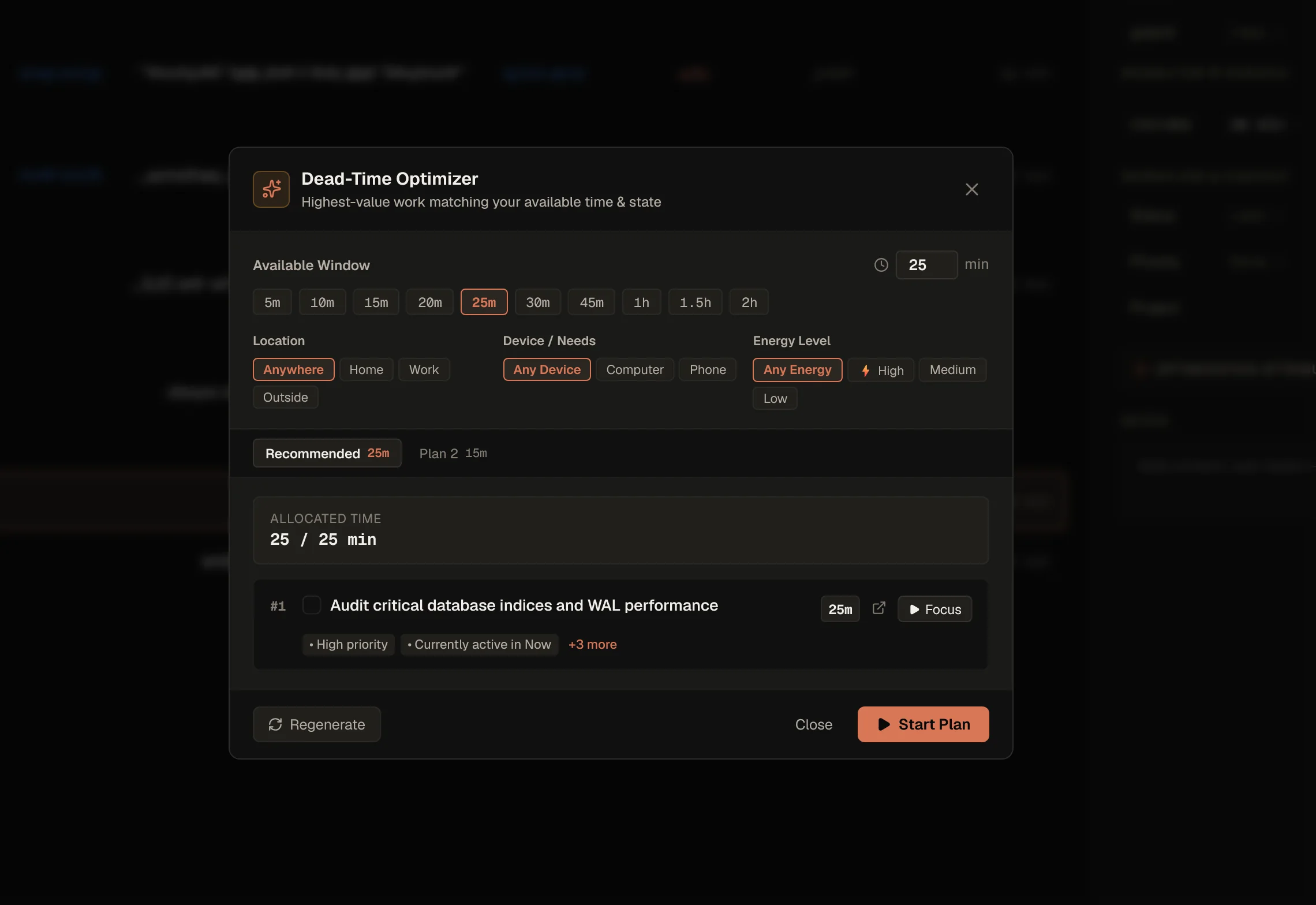 The Dead-Time Optimizer: choose an available time window, location, device and energy level, and PrioNudge ranks a single task into a startable plan.